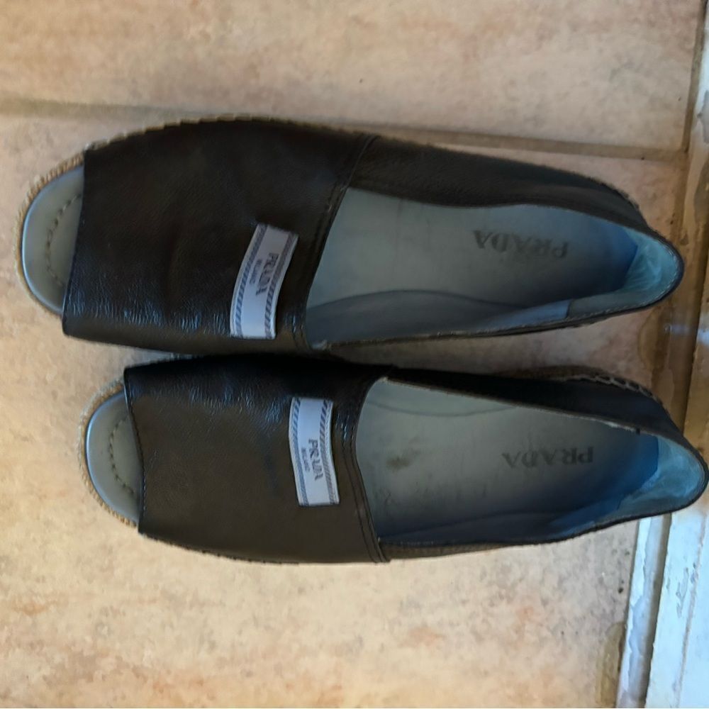 Prada espadrilles open toe platform shoes big logo sandals leather flats